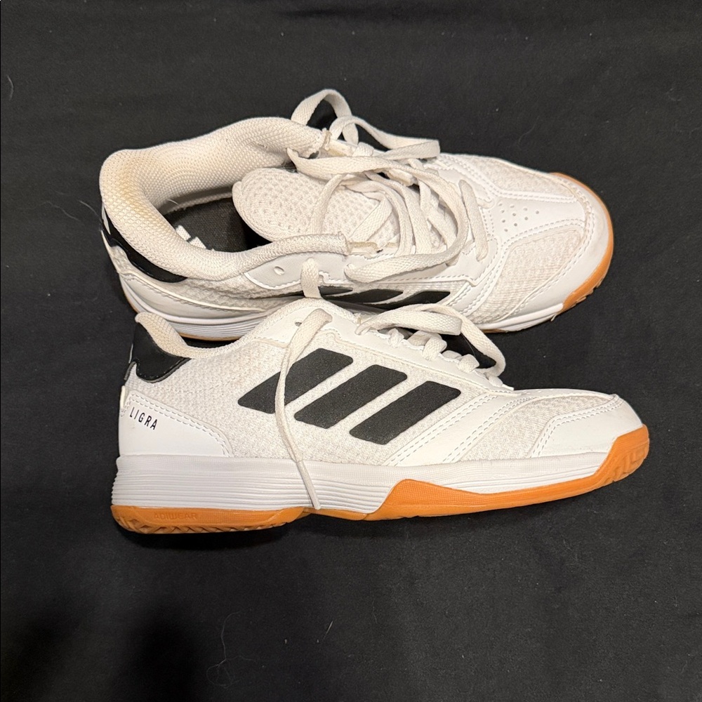adidas Kids White and Orange Court Sneakers with Black Stripes